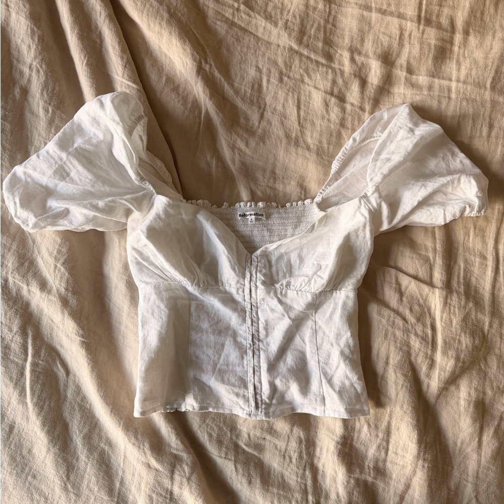 Reformation White Puff Sleeve Blouse